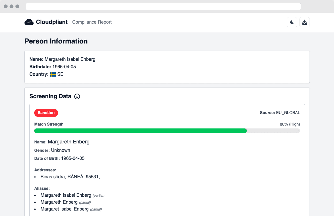 Cloudpliant compliance report of a person check with sanctions and PEP results