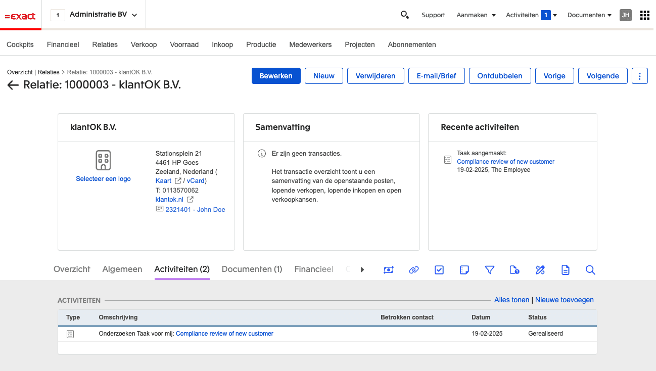 Relation in Exact Online with an automatically created compliance review task