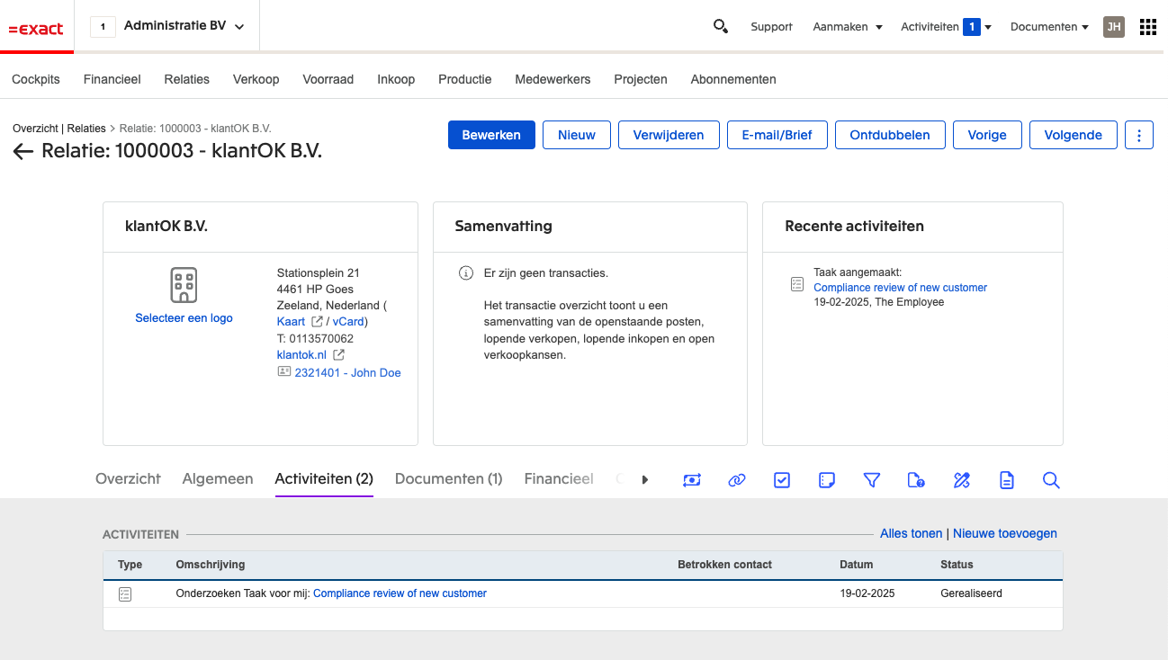 Relatie in Exact Online met een automatisch aangemaakte compliance-reviewtaak